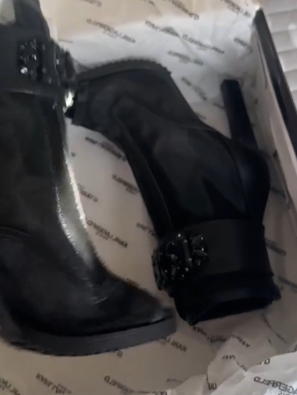NWT Karl Lagerfeld Mesh Peep Toe Booties Embellished Heel Black Ankle Boots SZ 5 - Picture 3 of 4